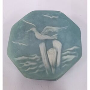 Meredith Seagull Ocean Octagon Trinket Box Blue Frosted Glass Signed